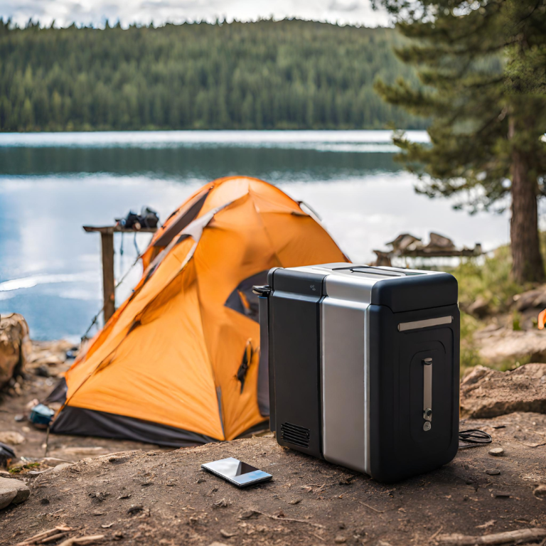 A camper using a portable power station to charge their devices outdoors