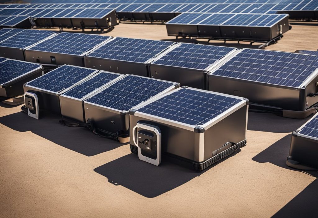 an array of solar powered portable power stations using lithium batteries