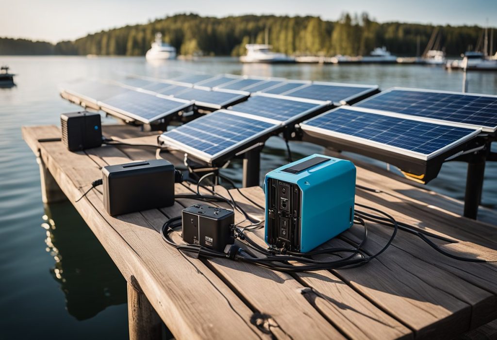 array of solar panels on a boat dock