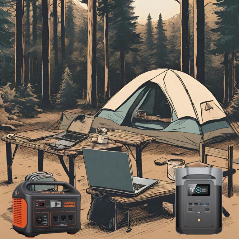 a wilderness location with an ecoflow and a jackery power station powering the campsite