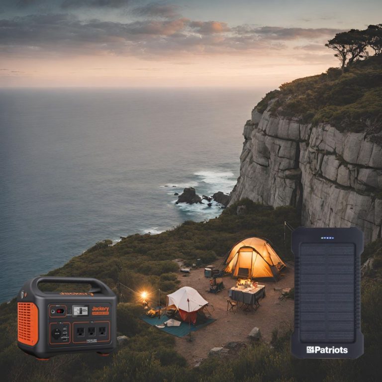 a campsite image along a coastline with a jackery and a 4 patriots power station