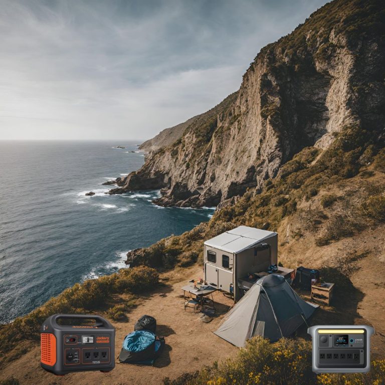 an image of a seaside campsite with a jackery and an anker power station