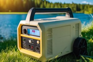 An image of an inverter generator used outdoors by a lake