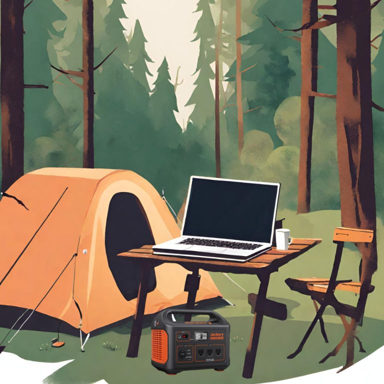 an image showing a campsite with a laptop on a table powered by a Jackery portable power station