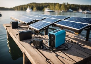 solar powered portable power stations for boating and solar panel array on boat dock