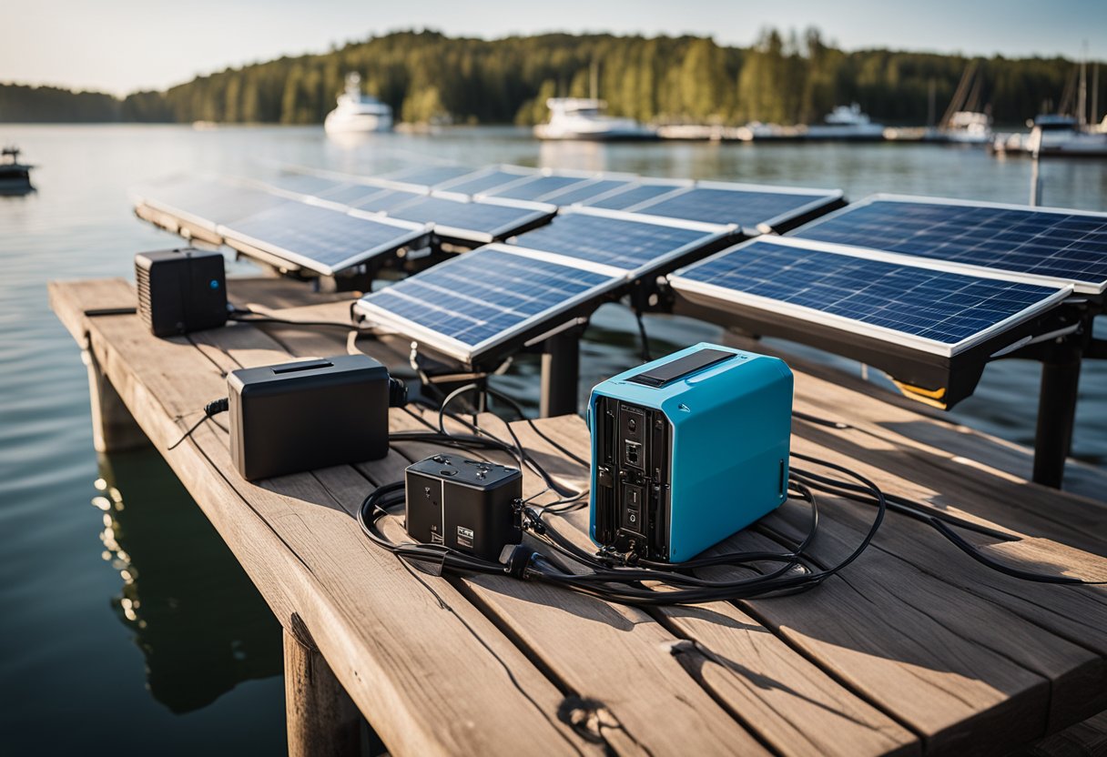 solar powered portable power stations for boating and solar panel array on boat dock