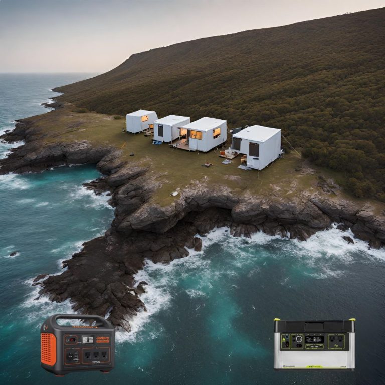 an image of a multi camp site on a cliff overlooking an ocean with a jackery and a goal zero power station