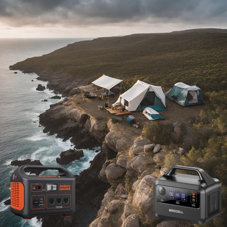 an image of a waterside campsite with a jackery and a grecell power station